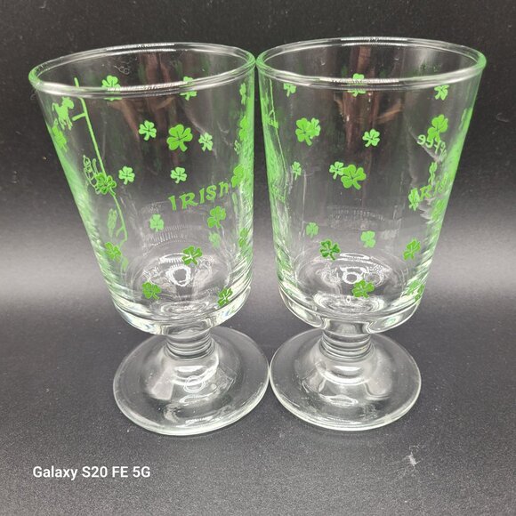 Libbey Vintage Irish Coffee Recipe Footed Clear with Green Shamrocks Glass Mugs - Picture 6 of 8